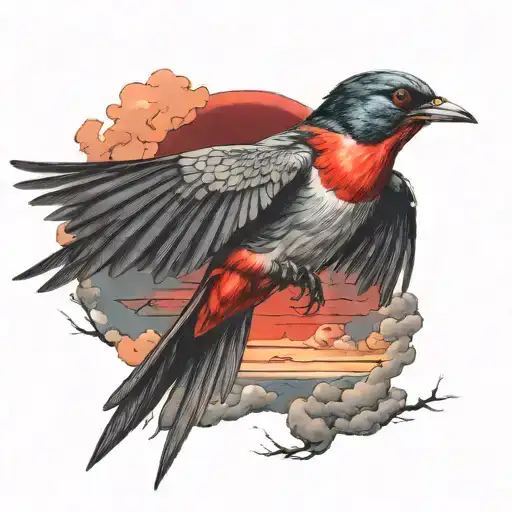 swallow bird flying, red skies at night sky tattoo design idea