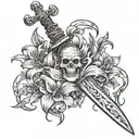 old rusty witchy dagger with witch symbols and spider lillies in the backround tattoo design idea