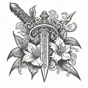 old rusty witchy dagger with witch symbols and spider lillies in the backround tattoo design idea