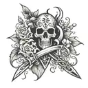old rusty witchy dagger with witch symbols and spider lillies in the backround tattoo design idea