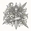 old rusty witchy dagger with witch symbols and spider lillies in the backround tattoo design idea