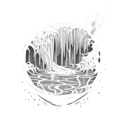 A cascading waterfall with a volleyball incorporated into the flowing water in blackwork style tattoo design idea