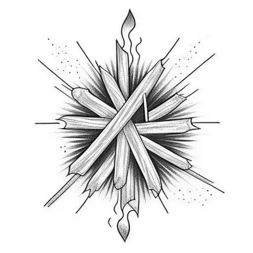 Black and white tattoo of a bonfire. The tattoo should be without filler (not coloured) composed only by straight lines: tattoo design idea