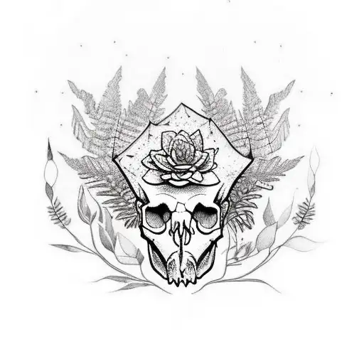 Animal skull surrounded by nature elements like ferns and flowers, with a touch of witchcraft aesthetic tattoo design idea