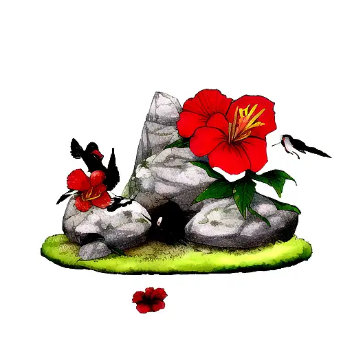 ka-bar knife stabbed into a rock next to the rock there is a hibiscus flower and a hummingbird, drinking the nectar and  tattoo design idea