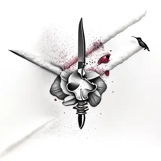 ka-bar knife stabbed into a rock next to the rock there is a hibiscus flower and a hummingbird, drinking the nectar and  tattoo design idea