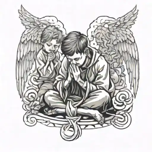 sad boys and angel praying tattoo design idea