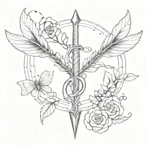 arrow with snake shaped like a semicolon with half-butterfly half moth all over it and lutos petals litters tattoo design idea