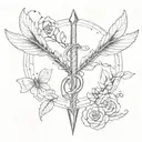arrow with snake shaped like a semicolon with half-butterfly half moth all over it and lutos petals litters tattoo design idea