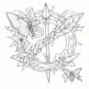 arrow with snake shaped like a semicolon with half-butterfly half moth all over it and lutos petals litters tattoo design idea