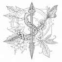 arrow with snake shaped like a semicolon with half-butterfly half moth all over it and lutos petals litters tattoo design idea