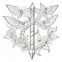 arrow with snake shaped like a semicolon with half-butterfly half moth all over it and lutos petals litters tattoo design idea