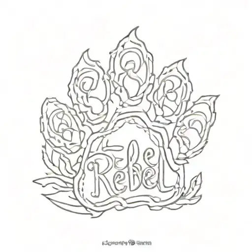 dog paw print with the name Rebel in fancy writing  tattoo design idea