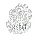 dog paw print with the name Rebel in fancy writing  tattoo design idea