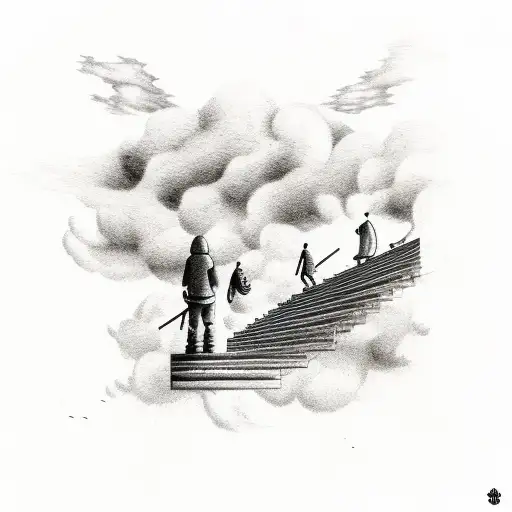 guy in front of stairs to heaven with clouds around it tattoo design idea