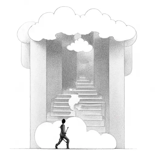 guy stands infront of small stairs leads to heaven with clouds around it¨ tattoo design idea