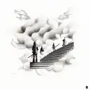 guy in front of stairs to heaven with clouds around it tattoo design idea