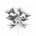 guy in front of stairs to heaven with clouds around it tattoo design idea