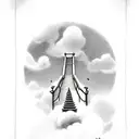 guy in front of stairs to heaven with clouds around it tattoo design idea