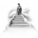 guy in front of stairs to heaven with clouds around it tattoo design idea