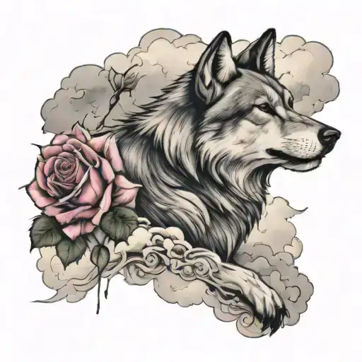 Roses, clouds, wolf, mythical,   tattoo design idea
