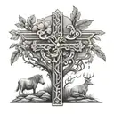 Create a tattoo that represents the balance between justice and nature through a cross and animal motifs tattoo design idea
