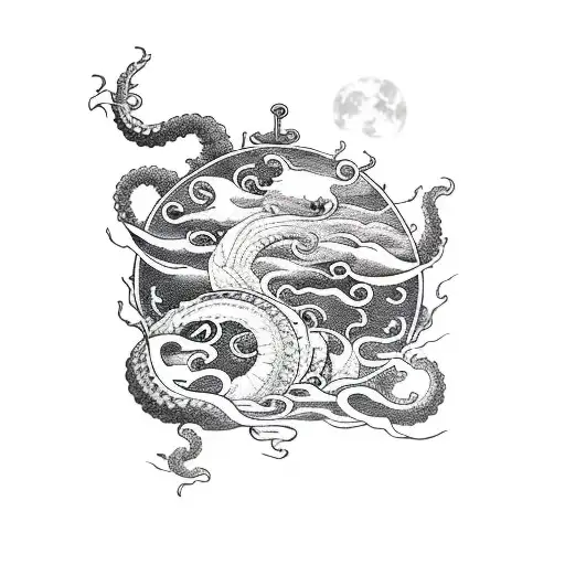 kraken attacking a ship with a large full moon as the backdrop  tattoo design idea