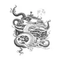 kraken attacking a ship with a large full moon as the backdrop  tattoo design idea