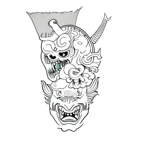 a japanese demon with flowers on his head tattoo design idea
