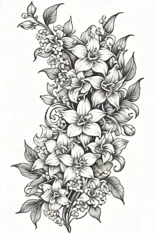 vine full of daffodils, sweet pea, gladiolus, violet, aster, lily of the valley, carnation  tattoo design idea