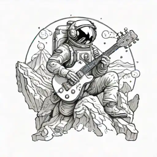 An astronaut playing a guitar on a mountain summit tattoo design idea