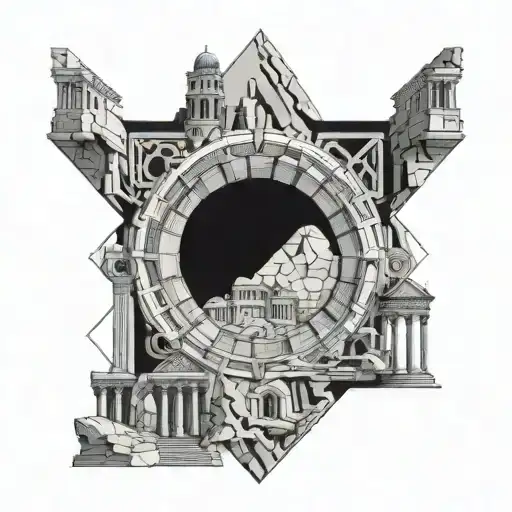 A futuristic space explorer discovering ancient ruins in Rome tattoo design idea