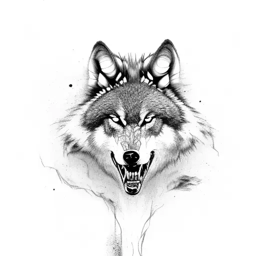  agressive dark grey wolf detailed feathers and fur open mouth, big bad wolf, tattoo design idea