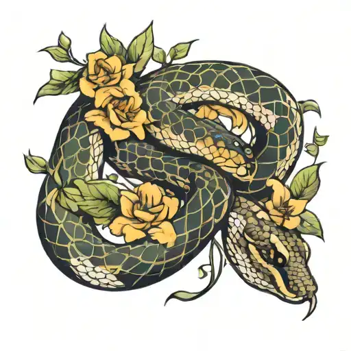 snake and flowers intertwined tattoo design idea