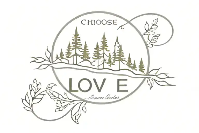 forest range with the text "choose your love, love your choice" underneath tattoo design idea