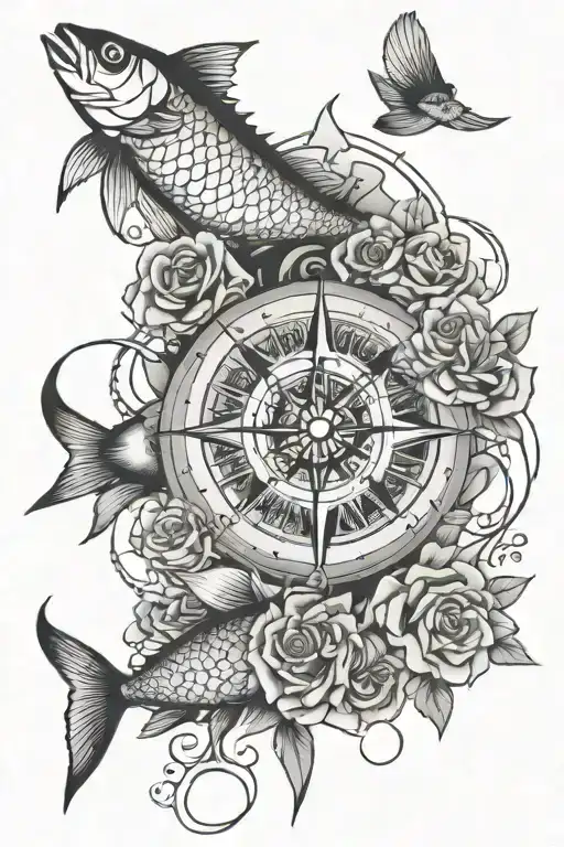 compass fish hunting roses   tattoo design idea