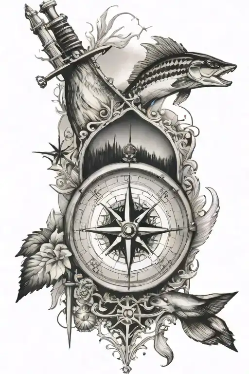 compass, hunting, and off shore fishing scene tattoo design idea