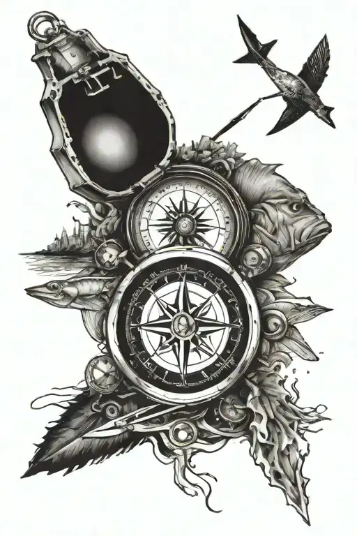 compass, hunting, and off shore fishing, country  tattoo design idea