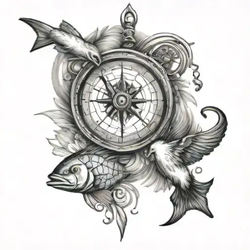 compass, hunting, and off shore fishing scene tattoo design idea