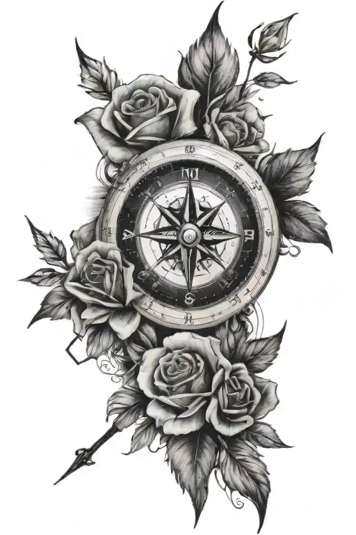 compass, hunting, and off shore fishing, roses tattoo design idea