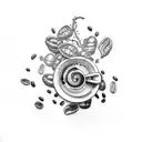  fan with coffee leaf inside and coffee beans around tattoo design idea