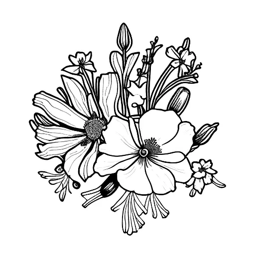 floral arrangement with a violet, larkspur, cosmos, and narcissus tattoo design idea