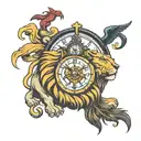 lion and clock and inscription tattoo design idea