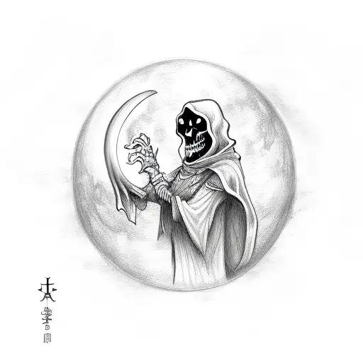 grim reaper with moon and crow and lantern tattoo design idea