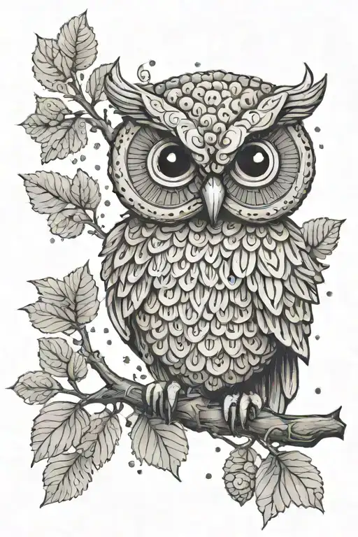 an owl on a branch holds a knitted amigurumi mouse in its paw tattoo design idea