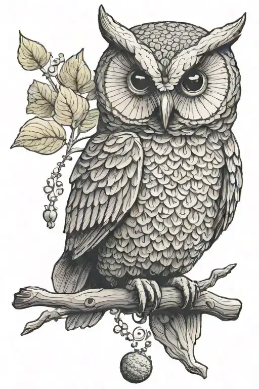 An owl on a branch holds an amigurumi knitted mouse in its paw tattoo design idea