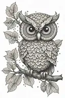 an owl on a branch holds a knitted amigurumi mouse in its paw tattoo design idea