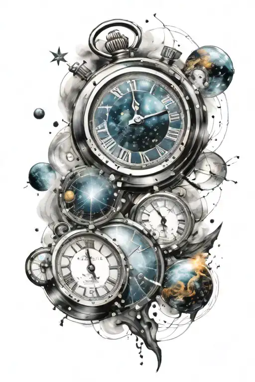 A tattoo design featuring the concept of time with inspiration drawn from space and galaxies this time with color tattoo design idea