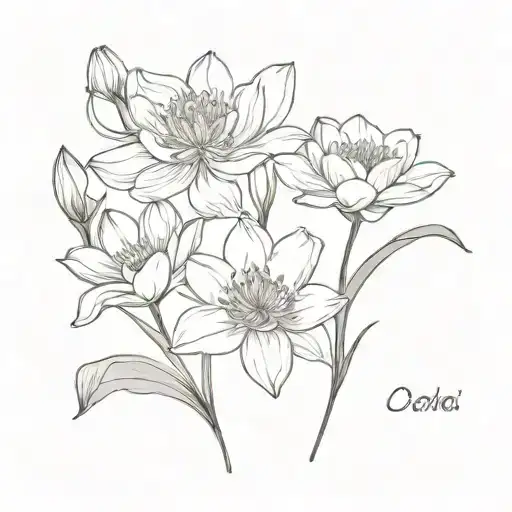 carnation, water lily, Cosmo and narcissus flower bouquet tattoo design idea