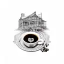 old building inside a coffee cup tattoo design idea